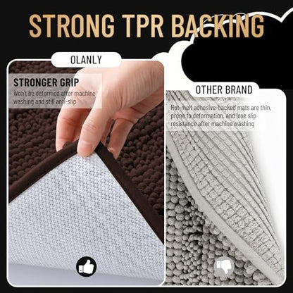 OLANLY Thick Large Bathroom Rugs 40x24, Soft Chenille Bath Rugs, Brown