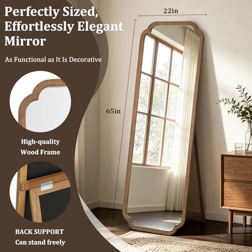 WallBeyond Farmhouse Full Length Mirror with Stand 22x65 Inch, Wooden Frame Floor Mirror,for Bedroom, Entryway, Living Room(Natural)