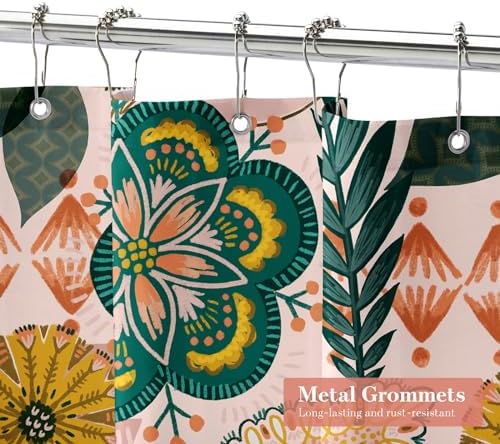 Pink Floral Shower Curtain, Boho Vintage Botanical Fabric Curtain, 72 x 72