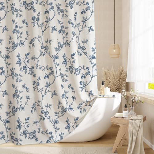 MitoVilla Blue Linen Floral Shower Curtain for Bathroom, 72 x 72
