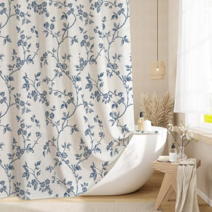 MitoVilla Blue Linen Floral Shower Curtain for Bathroom, 72 x 72