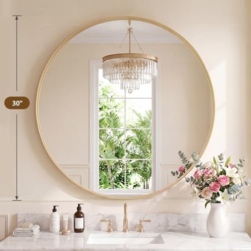 Sweetcrispy 30 Inch Round Bathroom Wall Mirror, Circle Vanity Mirror