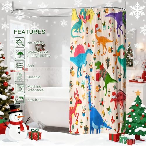 Shower Curtain Christmas, Kids Shower Curtain Santa's Hat Dinosaur Party Gift Box Cake Candy Jingling Bell String Light Xmas Theme Machine Washable Home Farmhouse Waterproof Decor Bathroom Curtain