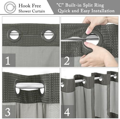 Gibelle No Hook Cloth Charcoal Grey Shower Curtain with Liner, 72x80