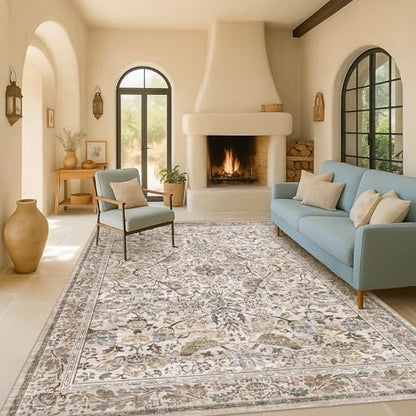 Moss Washable Dining Room Rug, 6x9 Floral Area Rug for Living Room, Boho Farmhouse Décor Low Pile Soft Bedroom Carpet, Brown Taupe Home Décor, Non Slip & Stain Resistant