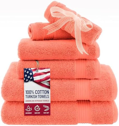 American Veteran Towel, 6 Piece Towel Set for Bathroom, 100% Cotton Turkish Bathroom Towels, 2 Bath Towels 2 Hand Towels 2 Washcloths, Coral