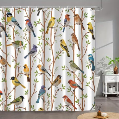 Moonslim Colorful Birds Shower Curtains, Woodland Green Leaves Trees Wildlife Vintage Spring Themed Shower Curtain Set, Fabric Bath Curtain for Bathroom Decor Waterproof Cloth with Hooks 72X72 Inch