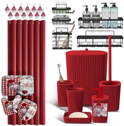 Clara Clark Bathroom Set - Christmas Bathroom Accessories Set, 27PC Bathroom Accessory Set, Christmas Bathroom Sets with Bathroom Rugs, Adhesive Corner Shower Caddy Hanging, Toilet Brush & Trash Can
