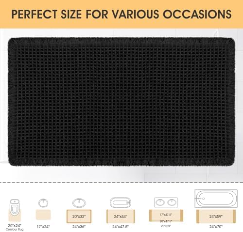 IM HOME Waffle Bath Mat Black 32"x20", Boho Woven Modern Bath Mat Rugs, Absorbent Non Slip Bathroom Rugs, Soft Washable Bath Rugs with Tassels for Bathroom, Bedroom, Kitchen, Shower, Tub
