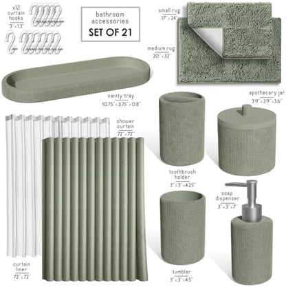 Clara Clark Sage Green Bathroom Set - Bathroom Sets with Shower Curtain and Rugs, 21PC Bathroom Accessory Set, Shower Curtain Set with Soap Dispenser & Toothbrush Holder