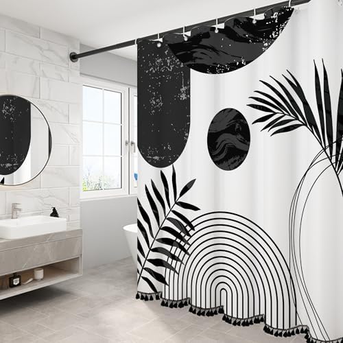 Boho Mid Century Leaf Shower Curtain Set,Arch Sun Design,Minimalistic Leaves Pattern,Waterproof and Luxurious Fabric-12 Hooks(Black-72" x 96")