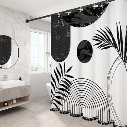 Boho Mid Century Leaf Shower Curtain Set,Arch Sun Design,Minimalistic Leaves Pattern,Waterproof and Luxurious Fabric-12 Hooks(Black-72" x 96")