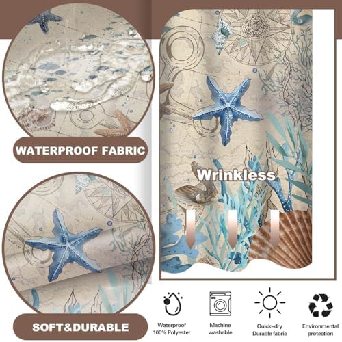 No Hook Shower Curtain and Liner Set, Retro Brown Beach Coastal 71x84