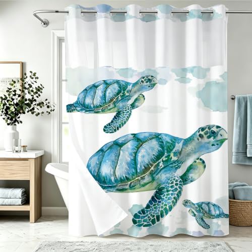 Ocean Sea Turtle Theme No Hook Waffle Weave Kids Shower Curtain with Snap in Liner Nautical Tropical Blue Bathroom Decor Set 72 W x 74 H Inch Teal