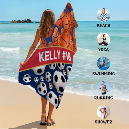 Personalized Beach Towel With Name, Custom Beach Towel with Text, Customized Basketball Football Microfiber Pool Towel, Quick Dry & Absorbent Swim Towel for Adult,Anniversary, Birthday, Summer Holiday