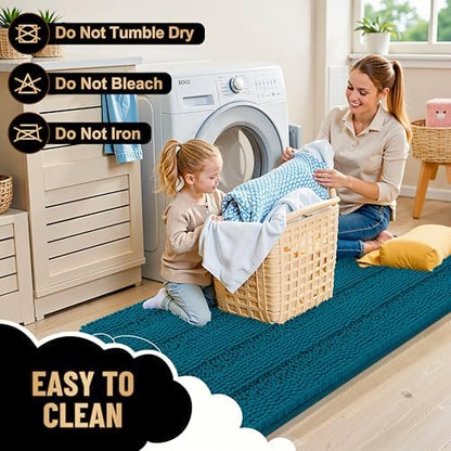 OLANLY Thick Bathroom Rugs 30x20, Chenille Striped Bath Rugs, Peacock Blue