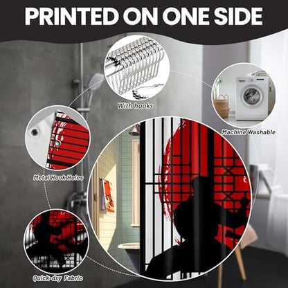 Japanese Shower Curtain Japan Anime Asian Black and Red Shower Curtains for Mens Bathroom Decor Sets, Waterproof Cloth Fabric with Hooks, 72x84 Inch