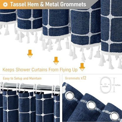 BTTN Long Boho Farmhouse Linen Heavy Duty Shower Curtain, 72x84, Navy Blue