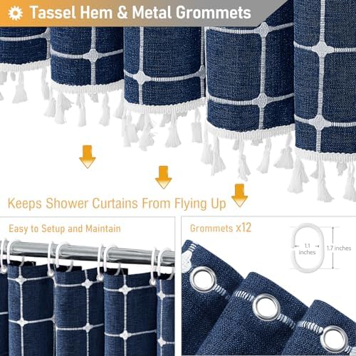 BTTN 72x78 Boho Farmhouse Linen Heavy Duty Fabric Shower Curtain, Navy Blue