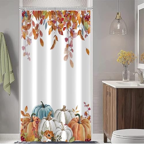 Fall Pumpkin Shower Curtain, Thanksgiving Autumn Maple Leaves Watercolor Floral Harvest Boho Bathroom Curtains with Hooks for Bathroom Bathtubs Decor, Waterproof Polyester Fabric 47x64