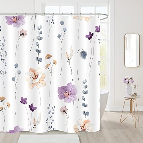 Gibelle Purple Beige Watercolor Floral Fabric Shower Curtain, 72x84