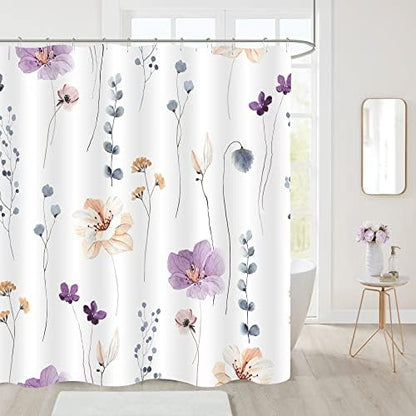 Gibelle Purple Beige Watercolor Floral Fabric Shower Curtain, 72x84