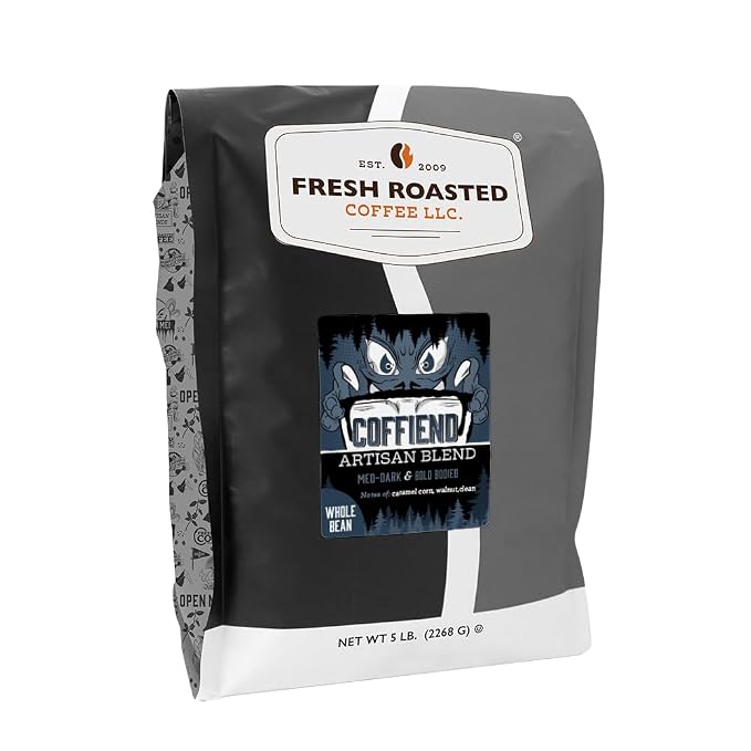 Fresh Roasted Coffee, Coffiend Whole Bean Coffee, Med-Dark Roast, Kosher, 5 lb (80 oz)