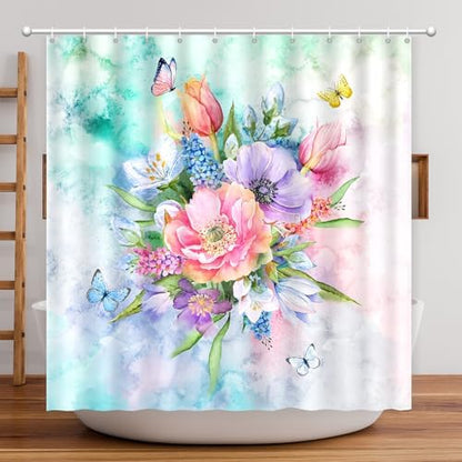 Floral Shower Curtain, Watercolor Flowers Shower Curtain Summer Blooming Flowers Painting Shower Curtain Sets Waterproof Polyester Fabric Machine Washable Home Farmhouse Decor Bath Curtain