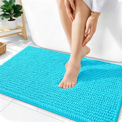 OLANLY Thick Chenille Absorbent Bathroom Rugs Mat 36x24, Aqua Sky