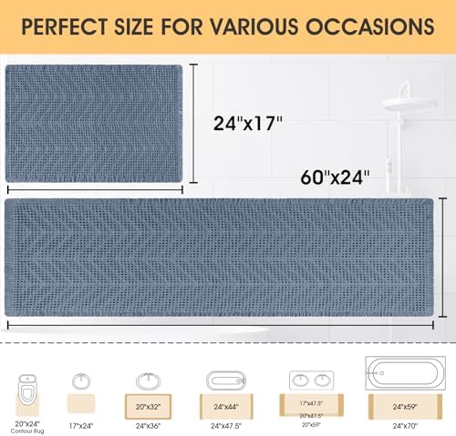 Upgrade Waffle Bath Mat Set 2 Piece, Boho Bathroom Rugs Absorbent Non Slip, Ultra Soft Bathroom Mat, Machine Washable Knit Bath Rugs with Herringbones for Bathroom,Bedroom,Kitchen, Shower, Tub, Blue
