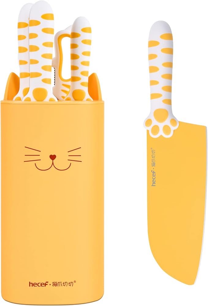 hecef Cute Kitchen Knife Set, Dishwasher Safe, 5-piece Non-Stcik Knives Set with Detachable Block and Scissors,Sharp Kitchen Knives for Chopping, Slicing, Dicing and Cutting (Yellow)