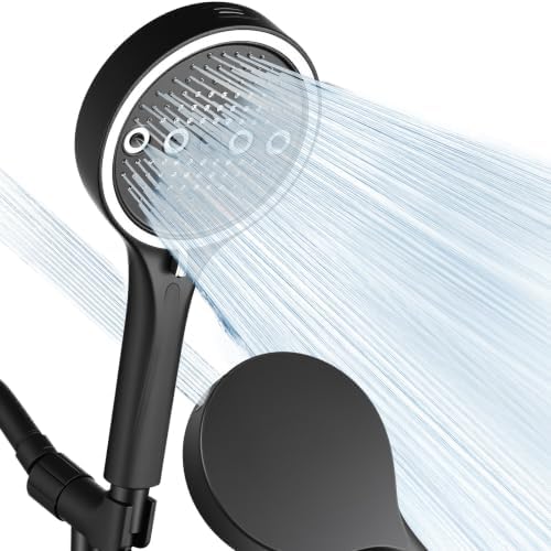 Handheld Shower Head with Hose, 6 Spray Settings, High Pressure, Chrome Finish, Rain, Pulse, Boost, Spray, Mix, Cleaning Modes (Black)