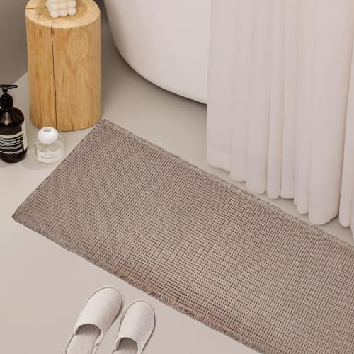 ZALL Tan Waffle Bath Mat,Super Absorbent Non Slip Long Bathroom Runner Rug,Brown 24X60inch,Machine Washable Ultra Soft Floor Mats