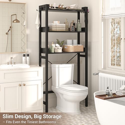 Besiost Over The Toilet Storage Rack - 3 Tier Bathroom Organizer with Shelves, Freestanding Space Saver Storage Rack Above Toilet Stand with 4 Hooks for Restroom, Laundry, Black