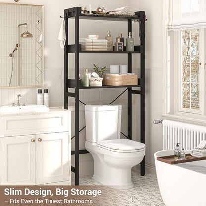 Besiost Over The Toilet Storage Rack - 3 Tier Bathroom Organizer with Shelves, Freestanding Space Saver Storage Rack Above Toilet Stand with 4 Hooks for Restroom, Laundry, Black