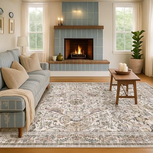 Washable 6x8 Floral Area Rug for Living Room, Boho Farmhouse Dining Room Rug, Low Pile Soft Bedroom Carpet, Moss Beige Home Décor, Non Slip & Stain Resistant