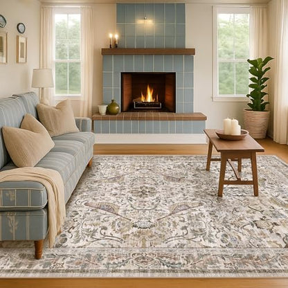 Traditional Oriental 5x8 Floor Rugs for Living Room, Washable Floral Area Rug for Dining Room Under Table, Low Pile Soft Bedroom Carpet, Vintage Brown Taupe Design, Boho Home Décor