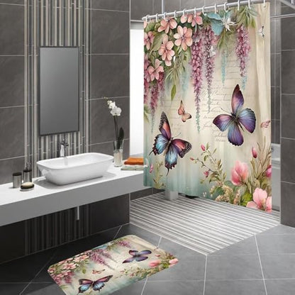 Chrainy 4pcs Spring Butterfly Shower Cutain Set Bathroom Decor with Rugs