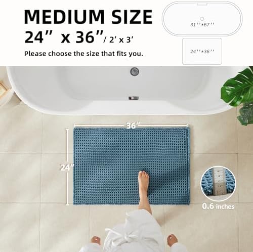 TYUU Waffle Bath Mat, Boho Bathroom Rugs Non Slip, 36x24 Denim Blue