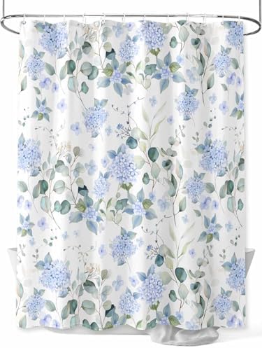 Shower Curtain Bathroom Set Summer Watercolor Blue Hydrangea Waterproof Fabric Shower Curtains with Grommets&Hooks Pastoral Eucalyptus Leaf Privacy Bath Curtain for Bathtub Decor 48x72IN