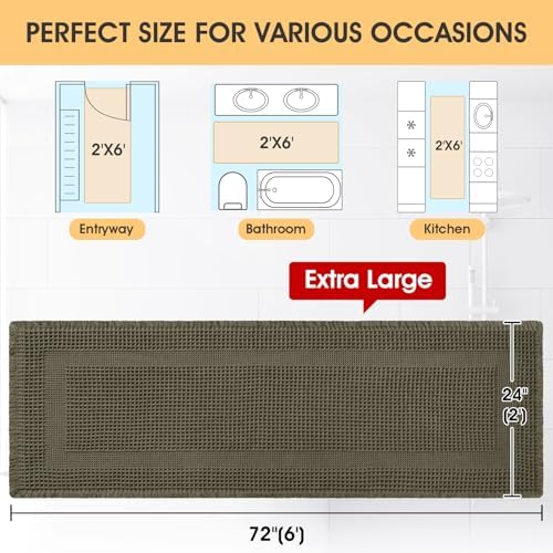 IM HOME Extra Large Waffle Bath Mat, Greyish Green 6'x2', Boho Bathroom Rugs Absorbent Non Slip, Ultra Soft Bathroom Mat, Machine Washable Knit Bath Rugs with Tassels for Bathroom, Kitchen, Tub
