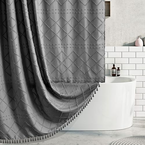Extra Long Boho Grey Woven Fabric 84 Inch Shower Curtain 72 x 84 Tufted Chevron Striped Shabby Chic Textured, Modern Farmhouse Minimalist, Water Resistant Curtain Set for Bathroom, Hotel Decor