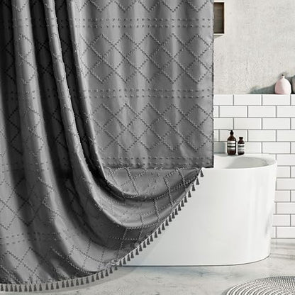 Extra Long Boho Grey Woven Fabric 84 Inch Shower Curtain 72 x 84 Tufted Chevron Striped Shabby Chic Textured, Modern Farmhouse Minimalist, Water Resistant Curtain Set for Bathroom, Hotel Decor