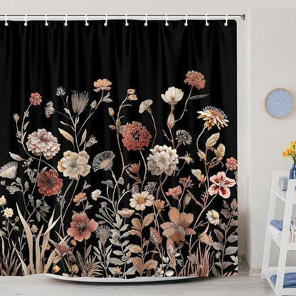 Vintage Boho Black Floral Shower Curtain, Beige Brown Cream Tan Rustic Farmhouse Flower Shower Curtain Set, Cute Botanical Wlidflowers Fabric Shower Curtains Decoration, 72X78 Bathroom Accessories