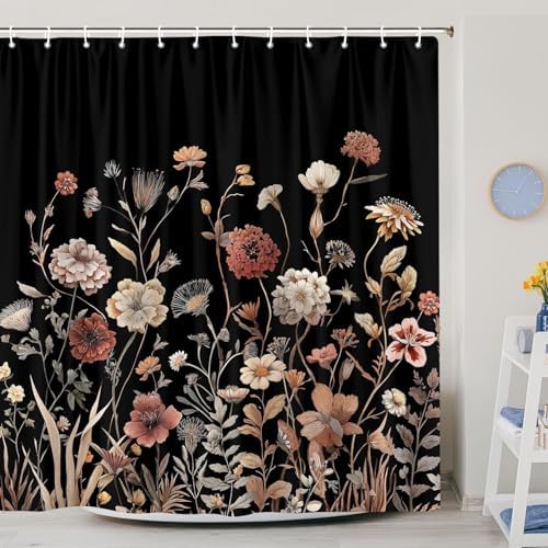 Vintage Boho Black Floral Shower Curtain, Beige Brown Cream Tan Rustic Farmhouse Flower Shower Curtain Set, Cute Botanical Wlidflowers Fabric Shower Curtains Decoration, 72X84 Bathroom Accessories