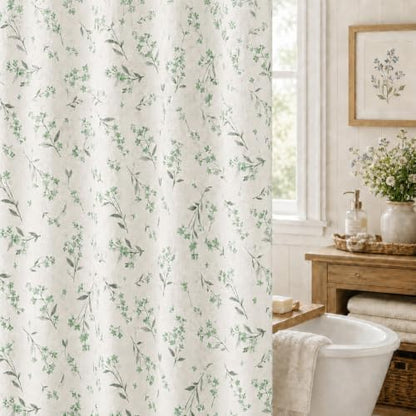Green Floral Farmhouse Shower Curtain, Vintage Botanical Bathroom Curtain, Rustic Country Wildflower Bath Decor Linen Texture Waterproof Fabric Curtains, Sage Green Floral Bath Curtain 72 x 72 Inch