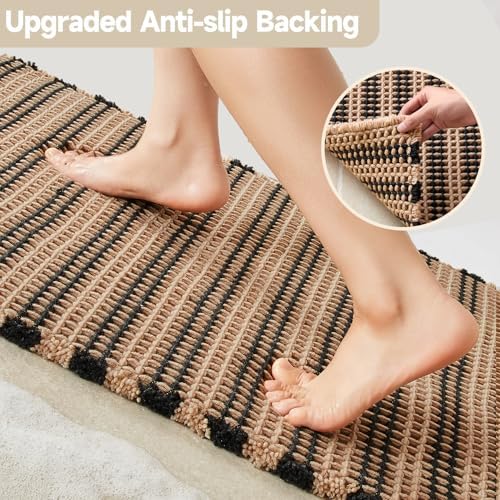 TYUU Waffle Bath Mat, Boho Bathroom Rugs Non Slip, 48x24 Black & Khaki