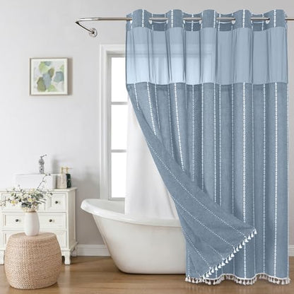 eachope Boho Farmhouse No Hook Shower Curtain Set with Snap-in Fabric Liner,Heavy-Duty Linen Textured Rustic Striped Design,Water-Repellent with Tassels and Sheer Window,Blue,71x74