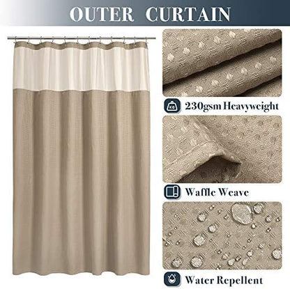 N&Y HOME Extra Long Waffle Shower Curtain with Snap Liner 71x84, Linen