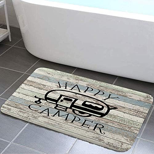Happy Campers Shower Curtain Retro Rustic Wood Neutral Color For Travel Trailer Camping Motor RV Bathroom Stall Shower Curtain Set, Small Size Waterproof Fabric Shower Cutain, Hooks Include 47x64